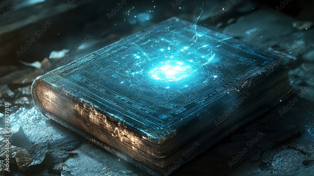 Poster a microchip in an advanced spellbook. glowing as it activates ancient magic.