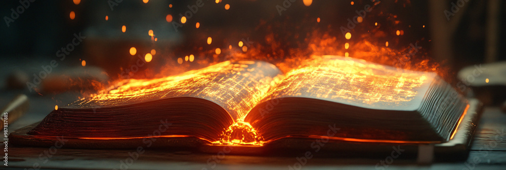 Poster a microchip in an advanced spellbook. glowing as it activates ancient magic.