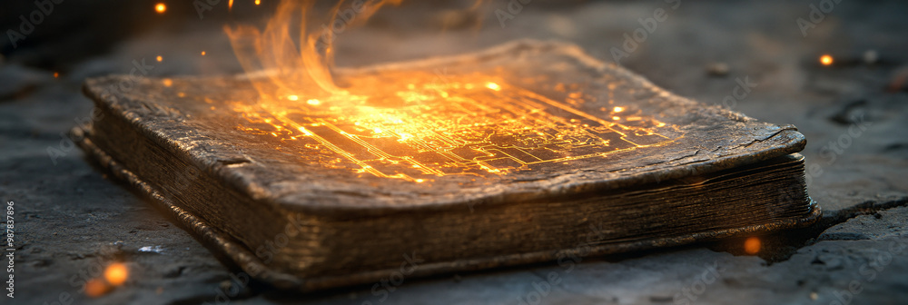 Poster a microchip in an advanced spellbook. glowing as it activates ancient magic.