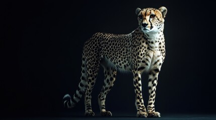 Naklejka premium A majestic cheetah stands confidently against a dark background, showcasing its elegant form.