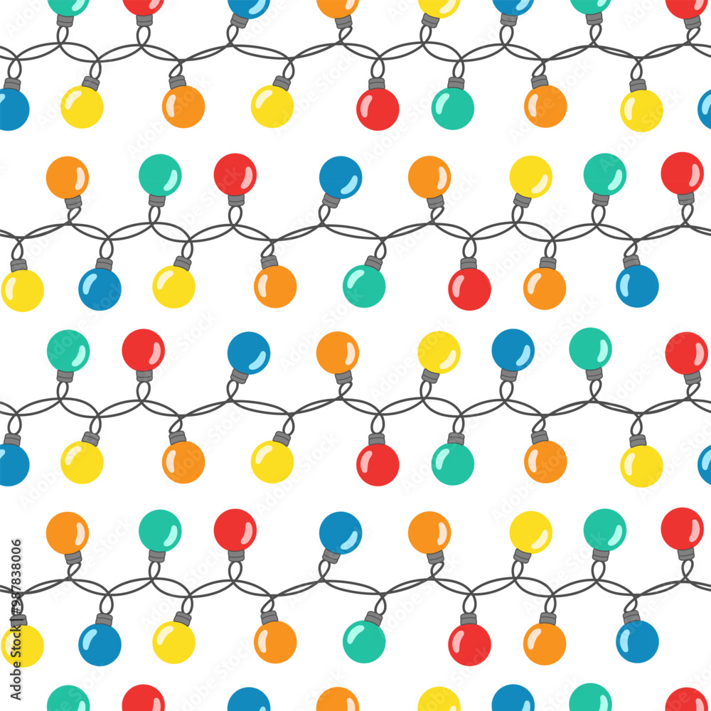 Canvas Prints colorful lights string seamless pattern. glowing light bulb in flat style background. winter christm