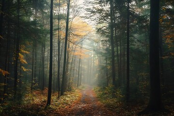Naklejka premium Sun rays through forest trees in foggy autumn day