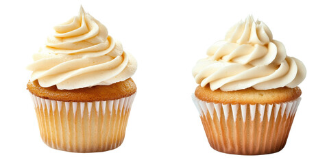 Two vanilla cupcakes with creamy frosting, isolated on a transparent background