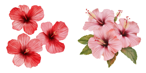 Vibrant hibiscus flowers in red and pink hues, isolated on a transparent background