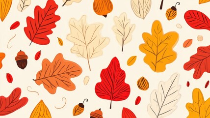 Obraz premium Colorful fall leaves in red, orange, and gold, illustrated in a playful pattern with acorn doodles on a light background