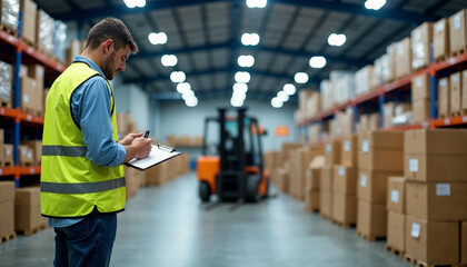Obraz premium Man inspecting boxes in a busy logistics center, highlighting efficiency in inventory management.