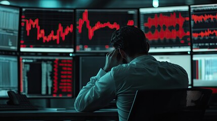 A distressed stock broker reacts to plunging market numbers on multiple monitors. The financial crisis concept is visualized with red indicators and real-time data collapsing.