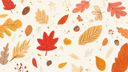 Flat illustration of autumn leaves in warm tones, arranged with doodles of acorns and swirls for a fun fall design