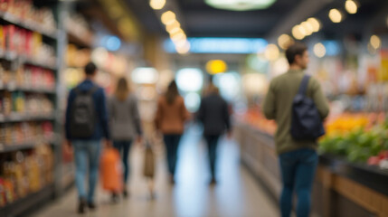 Blurred image of a supermarket interior with customers and shelves of goods