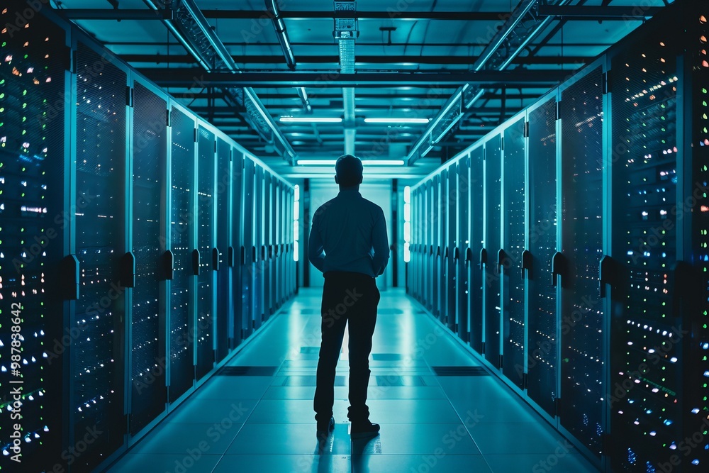 Poster it engineer standing in a server room data center corridor looking at network server racks