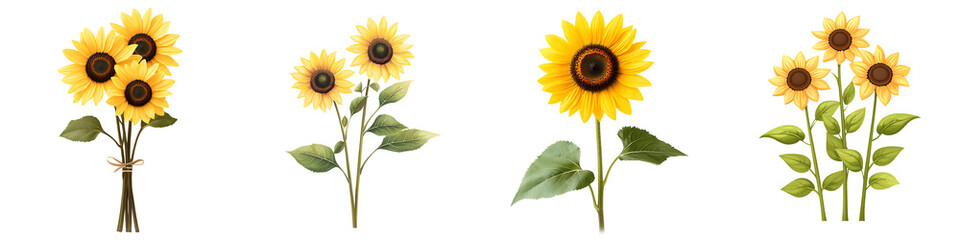 Obraz premium Sunflowers with lush green stems, isolated on a white background. transparent background