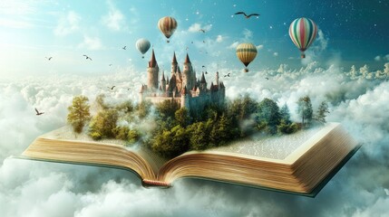 A fantastical scene emerges from an open book, with castles, hot air balloons, and swirling clouds rising from the pages. The magic of a fairy tale world takes flight.