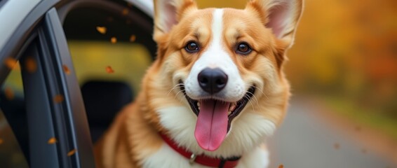 happy corgi dog in car window, autumn background, wide banner, hello autumn, freedom and enjoyment of nature.