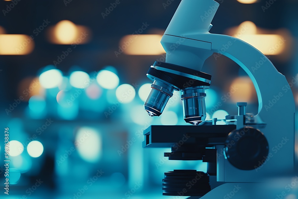 Poster modern microscope standing in a science laboratory close up
