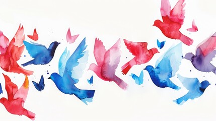 Fototapeta premium vibrant watercolor painting of colorful birds and butterflies in flight, showcasing hues of red, blue, pink. abstract design captures joy, freedom, and movement in nature with harmonious colors