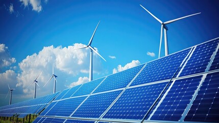 A field of wind turbines and solar panels against a blue sky, showcasing renewable energy solutions.