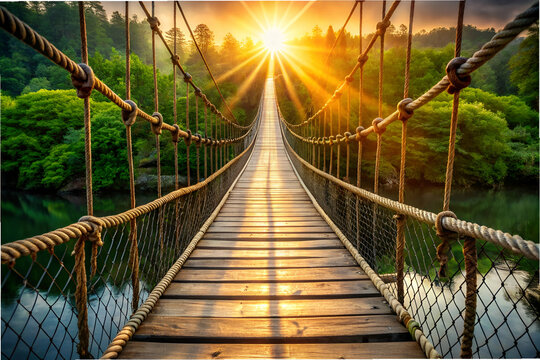 Fototapeta A bridge with a rope bridge over a river. The bridge is surrounded by trees and the sun is shining on it