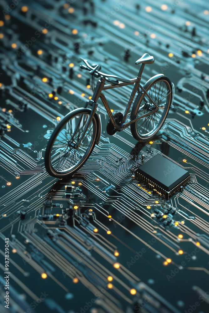 Poster a microchip that powers a futuristic bicycle with a driver behind it