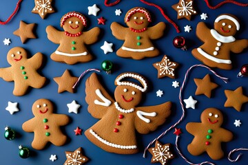 Fototapeta premium Vibrant Gingerbread Angel and Star Cookies in Festive Cutout Design for Holiday Celebrations