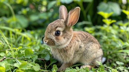 Fototapeta premium A cute brown rabbit sits in green grass, looking to the side with big brown eyes.