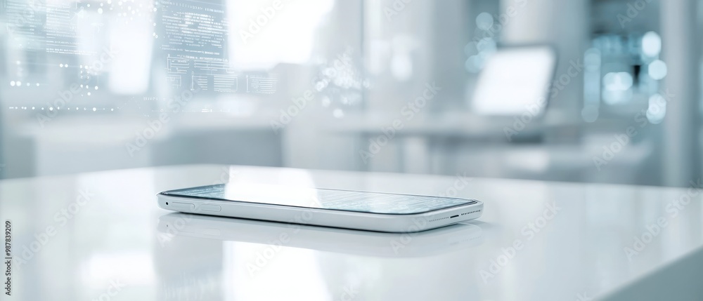 Poster a smartphone rests on a sleek table in a modern, tech-oriented environment.