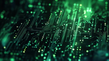 Obraz premium Abstract representation of a circuit board with glowing green elements.