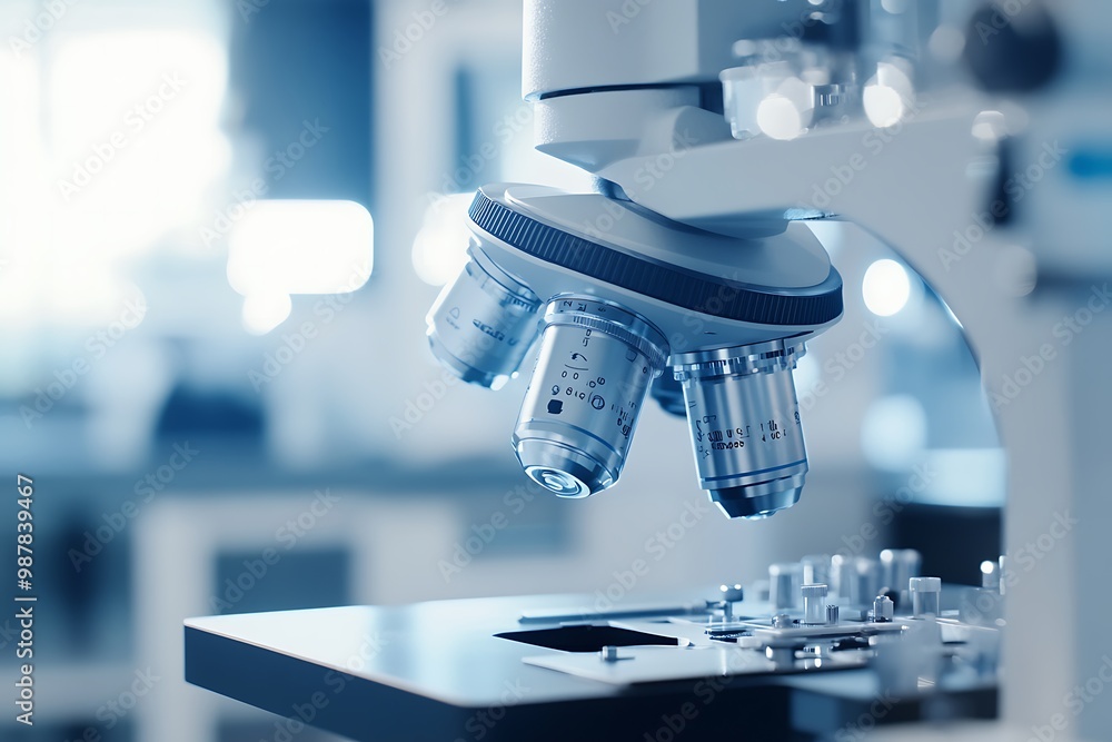 Poster modern microscope standing on table in a laboratory setting