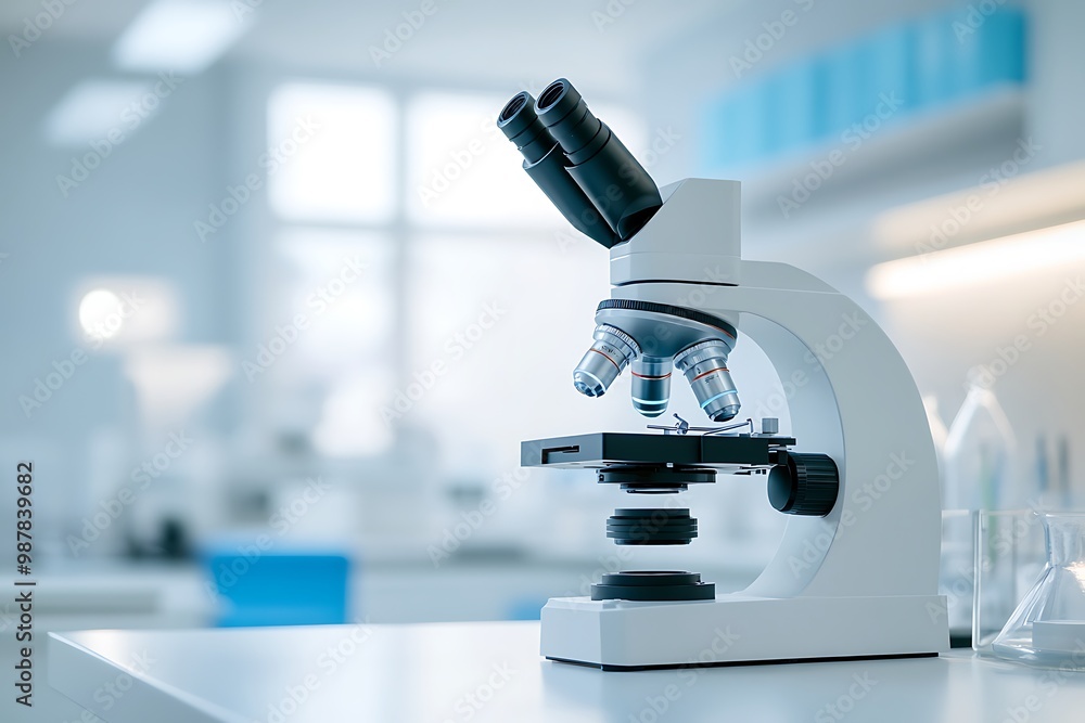 Poster modern microscope standing on table in laboratory