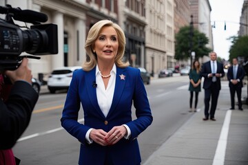 Fototapeta premium Ambitious Female Politician Discusses Key Issues During Live City Street Press Conference Interview