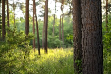 Sunlight through pine trees in a forest with a blurry background