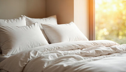 Luxurious bed scene with white bedding and soft pillows, promoting home decor products.







