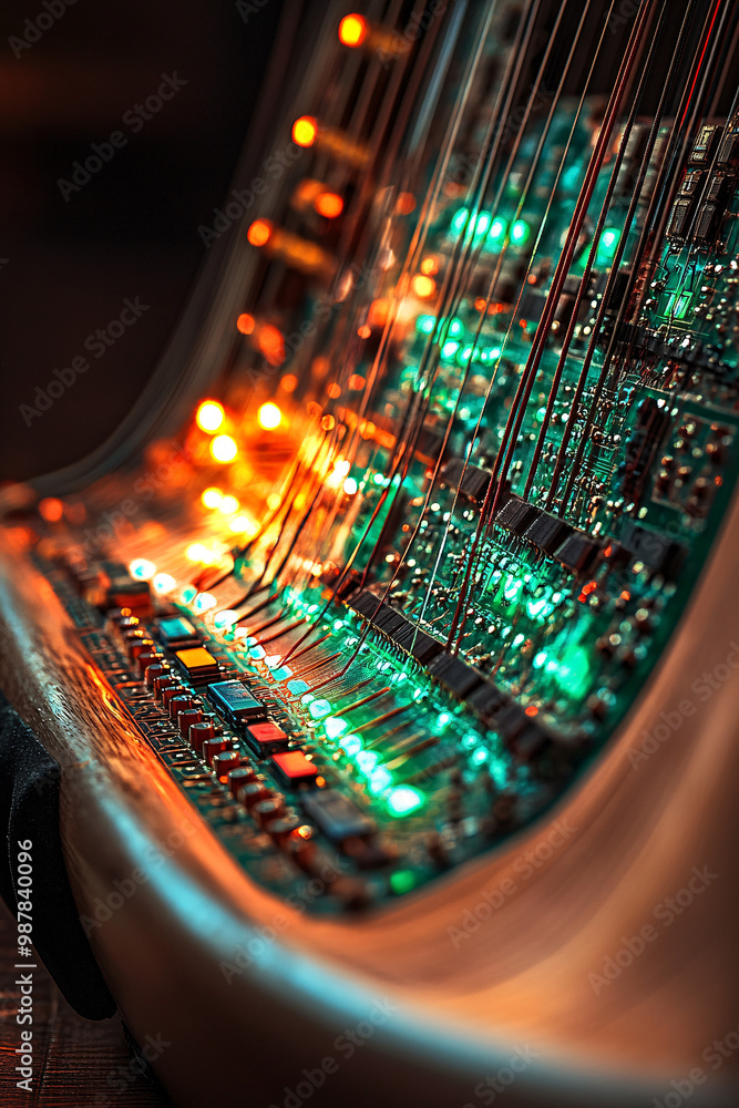 Aufkleber a musical instrument with microchip strings. each note emitting a wave of colorful circuits.