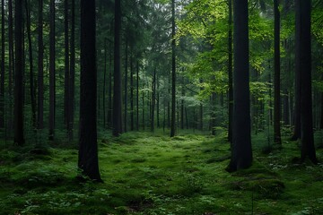 Sunbeams through dark green trees in dense forest. Nature scene in a woodland setting