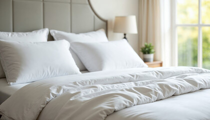 Obraz premium Luxurious bed scene with white bedding and soft pillows, promoting home decor products.