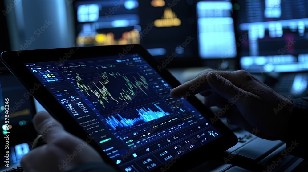 Poster a tablet screen shows real-time stock exchange tickers and commodity prices as an investment trader 