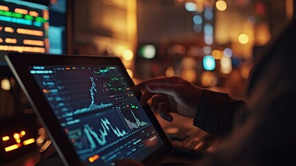 A tablet screen shows real-time stock exchange tickers and commodity prices as an investment trader works in a financial office. Charts and numbers fill the display, representing 