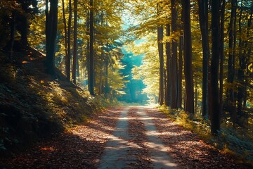 Fototapeta premium Sun shining through trees in forest, creating a magical, woodland path