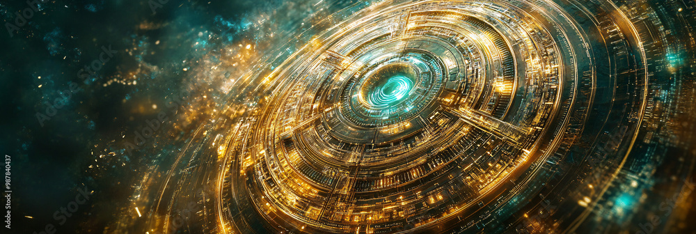 Poster a mystical artifact with microchip engravings glowing circuits creating a magical aura.