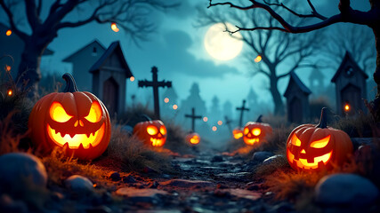 The Halloween background with pumpkins with  haunted house