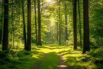 Obraz premium Sunlight shining through trees in a lush green forest, creating a beautiful path