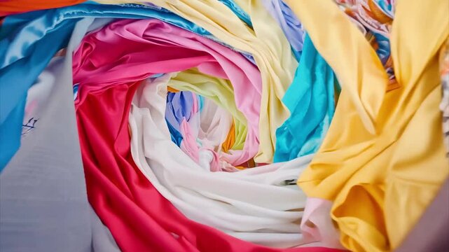 Movement of colorful scattered second-hand fabric, textile old rags for recycling background.