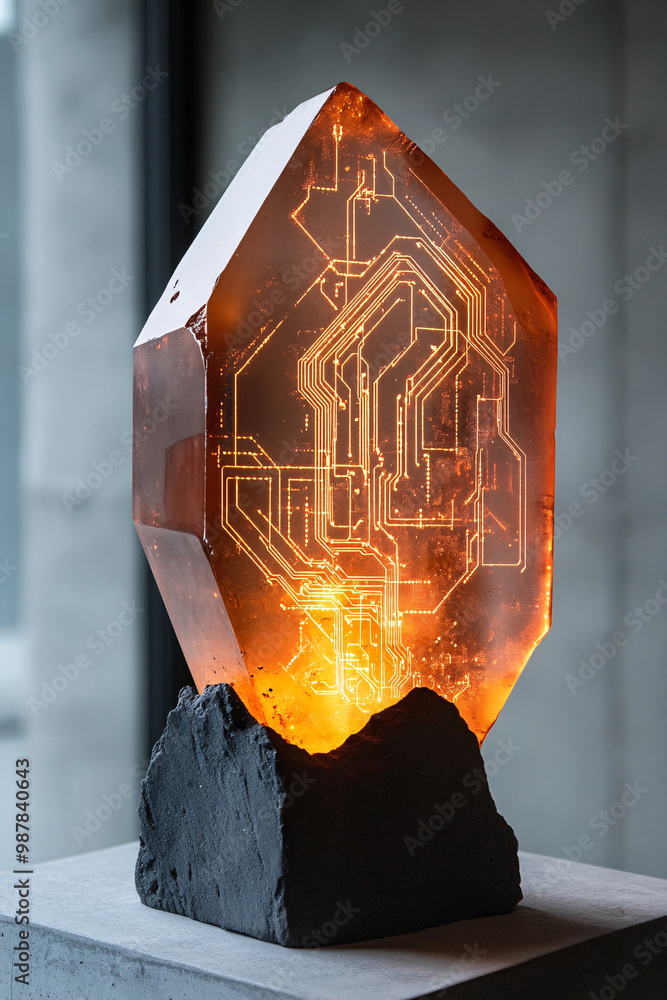 Poster a mystical artifact with microchip engravings glowing circuits creating a magical aura.