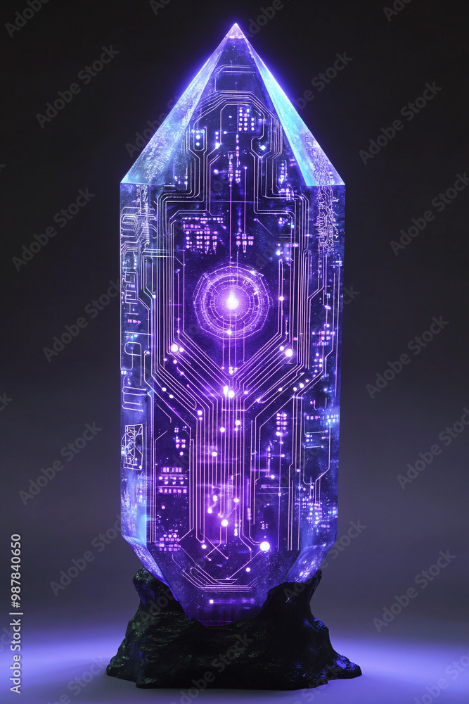 Poster a mystical artifact with microchip engravings glowing circuits creating a magical aura.