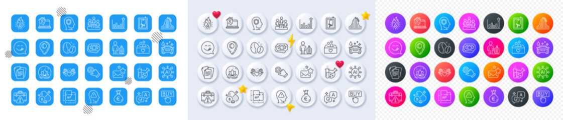 Heart flame, Roller coaster and Floor plan line icons. Square, Gradient, Pin 3d buttons. AI, QA and map pin icons. Pack of Favorite mail, Car wash, Hold heart icon. Vector