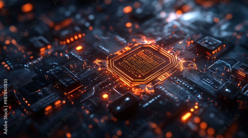 Poster a mystical artifact with microchip engravings glowing circuits creating a magical aura.