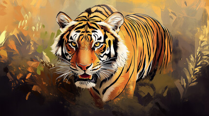 Vibrant digital painting of a tiger prowling through a dense jungle with bold colors