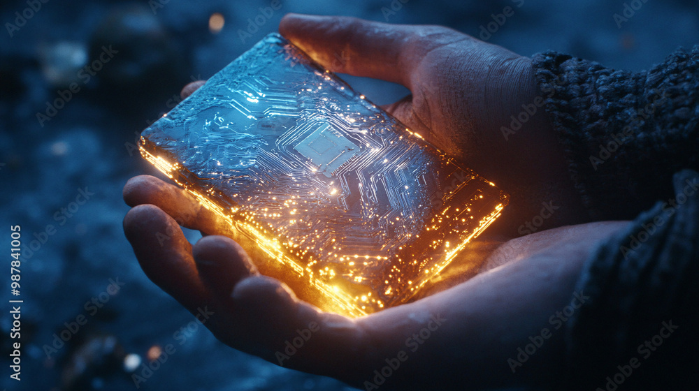 Aufkleber a mystical artifact with microchip engravings glowing circuits creating a magical aura.
