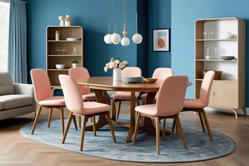 Pastel Peach Dining Chairs Oval Oak Table Contemporary Living Room Loveseat Shelving Unit Blue Wall