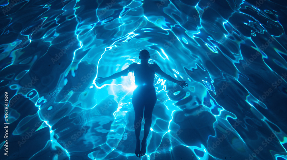 Poster a person floating in a serene ocean with bioluminescent waves surrounding them. representing serenit