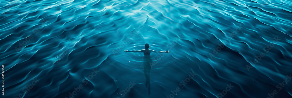 Poster a person floating in a serene ocean with bioluminescent waves surrounding them. representing serenit